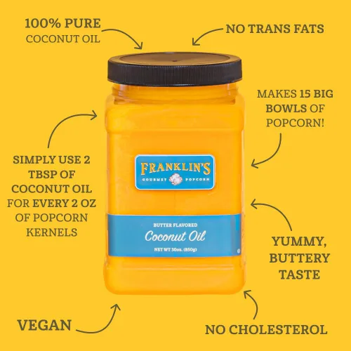 Vista 2 de Franklin's Gourmet Popcorn - 19 oz. Sal condimento de palomitas de maíz con sabor a mantequilla, 30 oz. Aceite de palomitas de maíz con sabor a