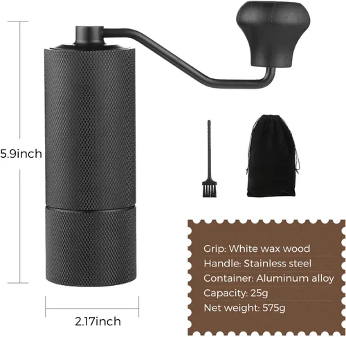 Vista 7 de Molinillo de café manual con rebaba cónica de acero inoxidable CNC, cuerpo de aluminio, mango de madera maciza, molinillo de mano ajustable portátil