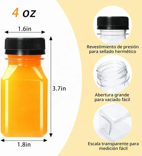 Vista 2 de Flrolove Paquete de 36 botellas de jugo de 4 onzas, botellas de plástico para jugo con tapas, recipientes vacíos transparentes con tapas para jugos