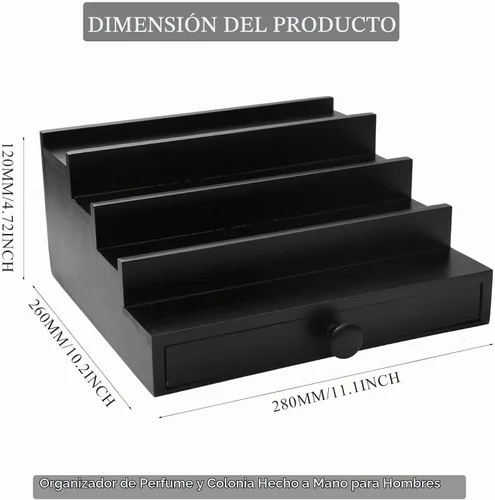 Vista 6 de 4 Tier Men's Cologne Organizer, Black Wooden Display Stand with Drawer Negro-4 niveles