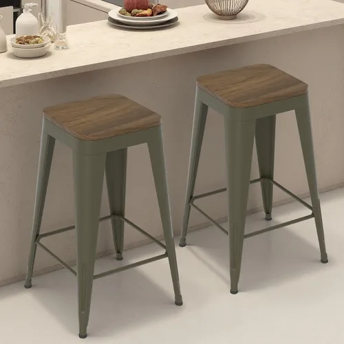 Vista 17 de Juego de 4 taburetes de bar de metal, taburetes de bar con respaldo alto con asiento de madera, taburetes de bar negros de 24 pulgadas para isla