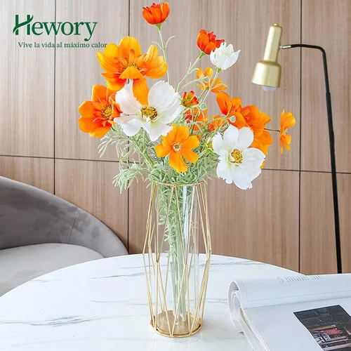 Vista 8 de Hewory - Jarrones de flores modernos dorados para centros de mesa, jarrones de vidrio de 11 pulgadas con soporte de metal, jarrones geométricos
