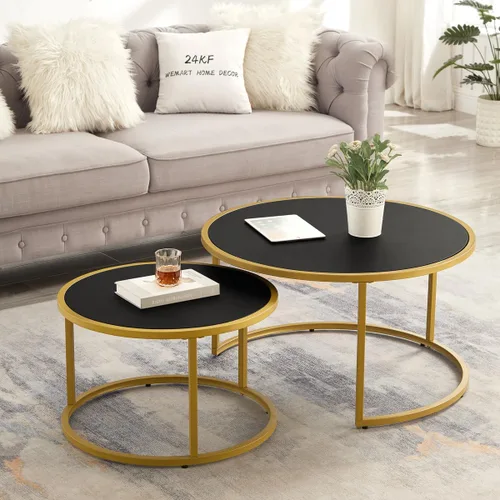 Vista 7 de 24KF Moderna mesa de centro redonda de piel sintética con base de metal negro, mesa de té decorativa para sala de estar, juego de 2, color marrón