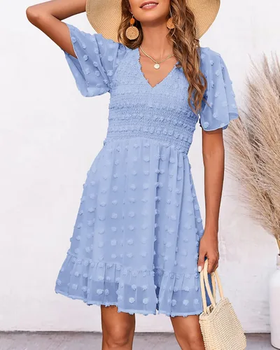 Vista 4 de BTFBM - Vestido casual de manga corta con cuello en V para mujer, con lunares suizos, dobladillo con volantes, vestidos cortos de playa