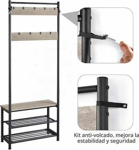 Vista 8 de Yaheetech Perchero, árbol de pasillo con banco de zapatos, almacenamiento de zapatos de entrada con perchero, 9 ganchos móviles, muebles de entrada