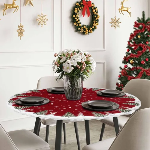 Vista 3 de Mantel redondo de Navidad de 55 a 60 pulgadas, impermeable, reutilizable, mantel elástico redondo ajustable para fiestas al aire libre, copo