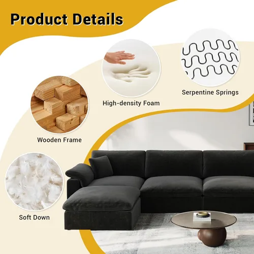 Vista 4 de Cloud - Sofá modular para sala de estar, sofás de mezcla de lino en forma de L, modernos sofás de nube de asiento profundo, sofás seccionales