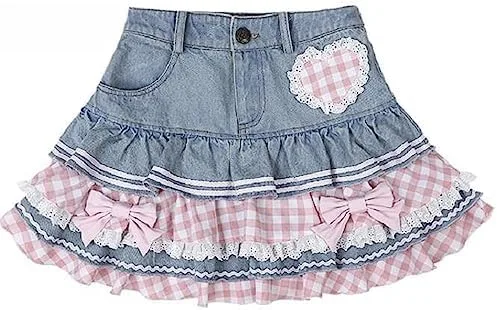 Vista 2 de Preppy Lolita Kawaii Faldas Dulces Mini Mujeres Lindo Vestido de Bola Falda Denim Falda Y2K Cintura Alta Encaje Pastel Faldas