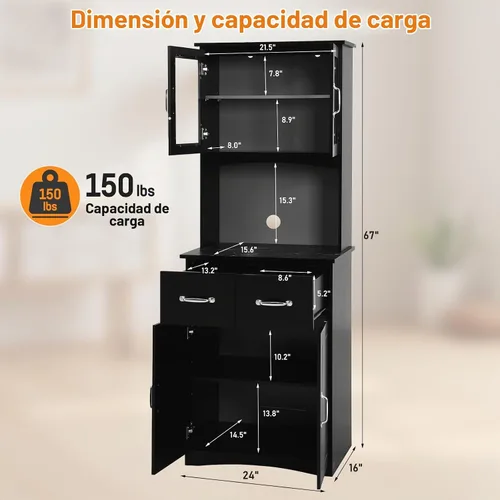 Vista 2 de 67" Kitchen Pantry Cabinet with Glass Doors & Drawers