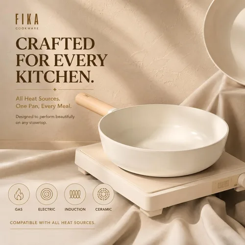 Vista 6 de FIKA - Sartén para wok con revestimiento de cerámica antiadherente de 10 pulgadas con mango de madera natural, compatible con inducción, sartén