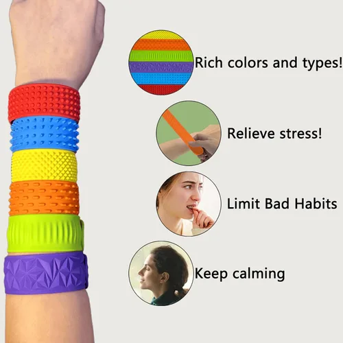 Vista 5 de Paquete de 6 juguetes para ansiedad, pulseras para autismo, juguete sensorial calmante para necesidades especiales, juguetes sensoriales de silicona