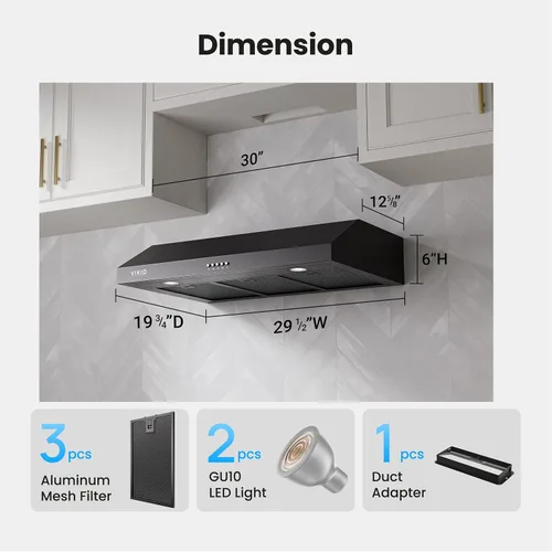 Vista 9 de VIKIO HOME Campana extractora para debajo del gabinete de 30 pulgadas, ventilación de cocina de doble motor de 580 CFM con luces LED, control