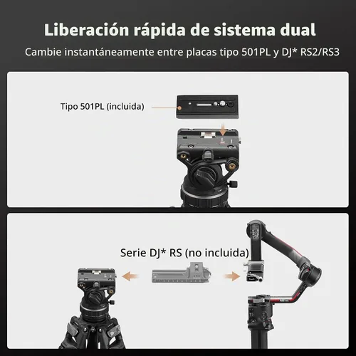 Vista 5 de Cayer Cabezal fluido de video K10 Pro con base plana de 2.953 in, arrastre panorámico ajustable y mango telescópico, cabezal fluido de trípode