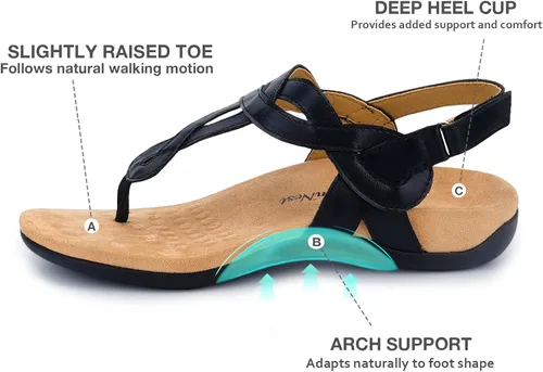 Vista 5 de Sandalias ortopédicas para caminar cómodas con soporte de arco para mujer, correa ortopédica en T, sandalias planas de verano para mujer