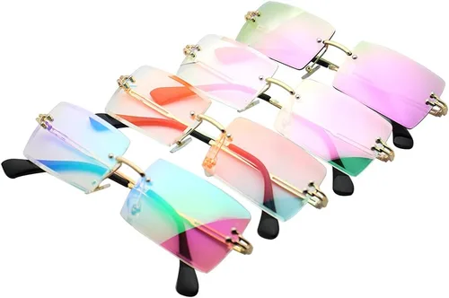 Vista 5 de LASPOR Gafas de sol rectangulares sin montura retro para mujeres y hombres, lentes teñidas de metal dorado, sin marco, gafas cuadradas vintage