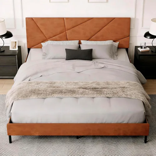 Vista 6 de Estructura de cama con plataforma tapizada de tamaño completo con cabecera acolchada de piel sintética, soporte de listones de metal resistente,
