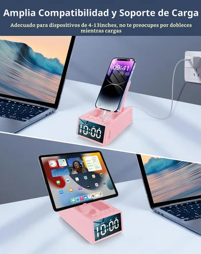 Vista 5 de Regalos de cumpleaños para mujeres, soporte de teléfono con altavoz Bluetooth con sonido y reloj HD, soporte inalámbrico ajustable para teléfono Rosa