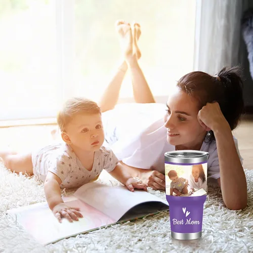 Vista 6 de Vaso de fotos personalizado de 30 onzas con tapa y pajita, tazas de café de acero inoxidable personalizadas, taza de viaje con nombre de imagen