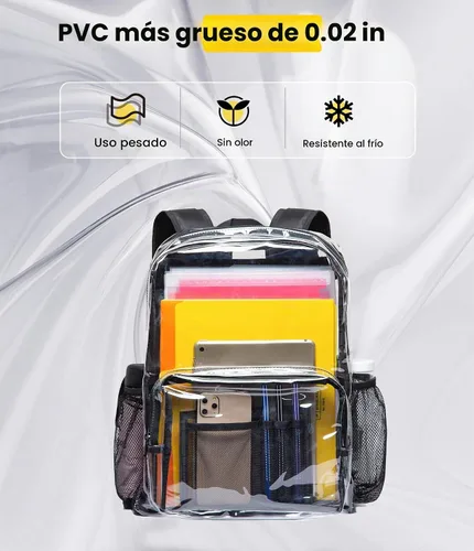 Vista 4 de Vorspack Mochila Clara Transparente - Mochila Transparente de PVC de Servicio Pesado See Through para Universidad y Lugar de Trabajo Negro