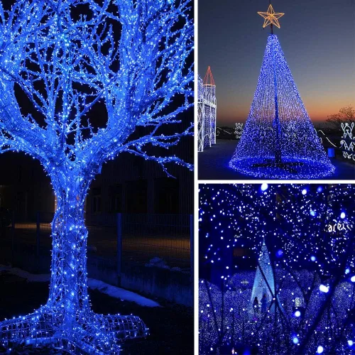 Vista 6 de Luces de Navidad azules enchufables de 66 pies, 200 luces LED conectables para árbol de Navidad, 8 modos de luces de cadena para interiores
