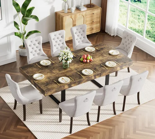Vista 43 de Juego de mesa de comedor extensible marrón de 63 a 78.74 pulgadas para 4, juego de mesa de comedor de 5 piezas con 4 sillas tapizadas, mesa