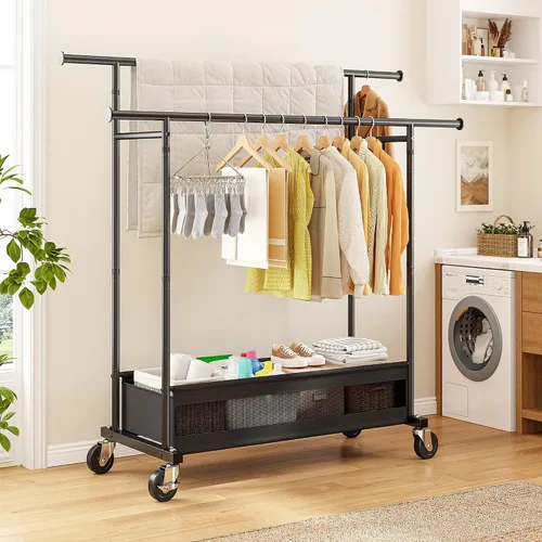 Vista 9 de Perchero de ropa para colgar ropa, perchero portátil con ruedas, perchero de ropa de doble barra con cesta de almacenamiento, perchero