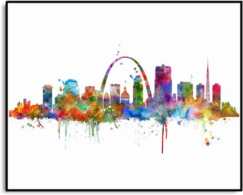 Vista 8 de ZEARPT Impresión artística del horizonte de San Luis de Missouri Skyline City Acuarela, papel artístico de San Luis para colgar en la pared, arte