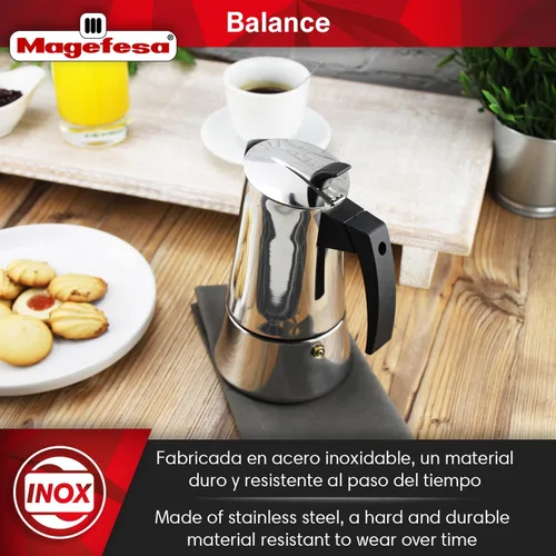 Vista 2 de Magefesa Balance - Cafetera de café expreso de acero inoxidable de 6 tazas, cafetera italiana clásica con mango y perilla de baquelita, cafetera