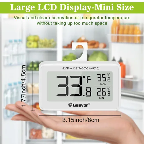 Vista 2 de Geevon Refrigerator Thermometer Digital Fridge Thermometer IP65 Waterproof with Large LCD Display,Max/Min Record Function,Magnetic Back,for