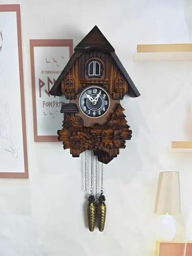 Vista 3 de Reloj de cuco con modo nocturno, decoraciones talladas a mano y péndulo oscilante
