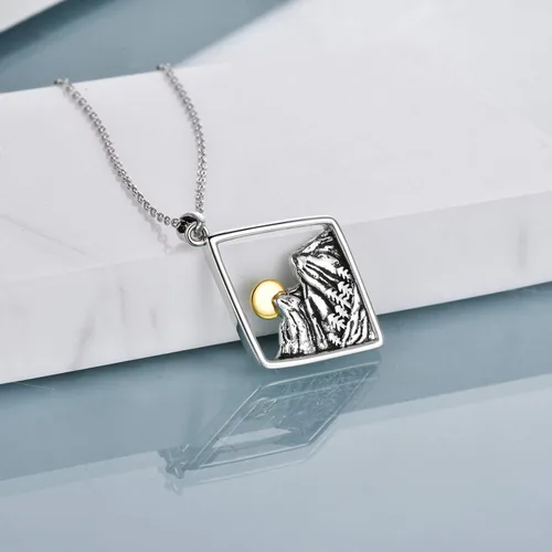 Vista 2 de YFN Collar de plata de ley con dije de onda del océano y cadena de montaña, regalo de joyería para esquiadores, excursionistas, campistas