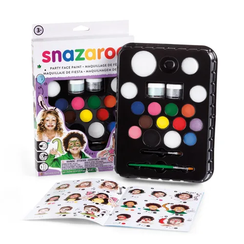 Vista 7 de Snazaroo Kit de pintura facial Ultimate Party Pack, paleta de 12 colores con pincel, esponja, bio-purpurina y guía, no tóxico, a base de agua, fácil