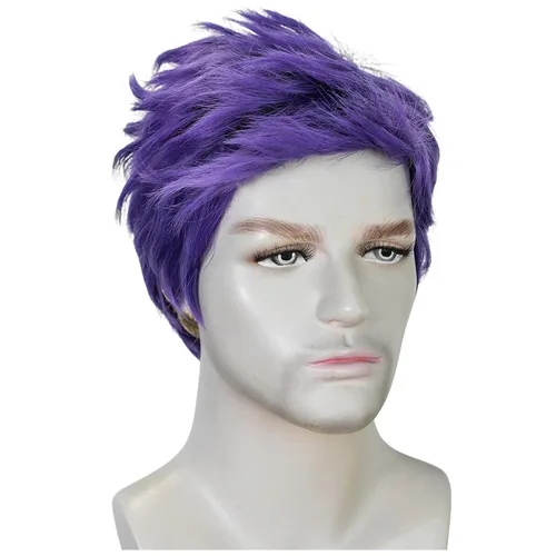 Vista 5 de Peluca morada para hombre, corta, recta, en capas, peluca morada, resistente al calor, reemplazo de cabello sintético Púrpura
