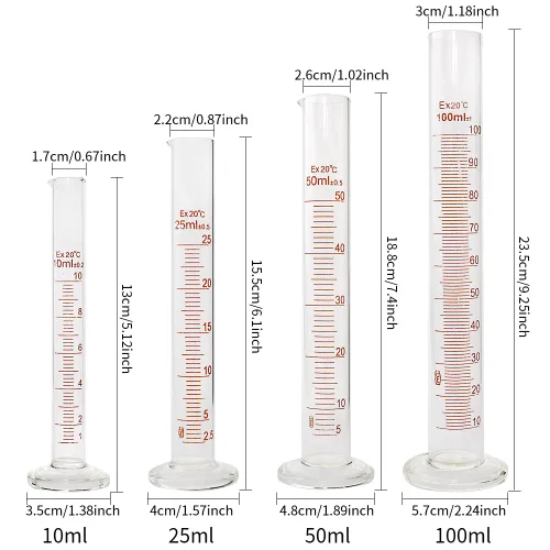 Vista 2 de Set de probeta graduada de vidrio SUPERLELE 10 ml 25 ml 50 ml 100 ml, juego de vasos de vidrio grueso 50 ml 100 ml 250 ml con 2 cuentagotas