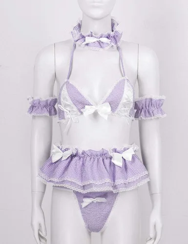 Vista 3 de Conjunto de lencería sexy para mujer, diseño de anime criada, color tartán