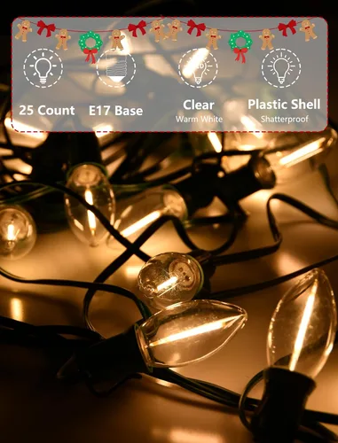 Vista 7 de SUNSGNE Luces LED C9 de Navidad para exteriores, luces de Navidad al aire libre con 27 bombillas LED de color blanco cálido (2 de repuesto)