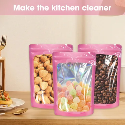 Vista 5 de 100 bolsas de Mylar a prueba de olores, bolsa de embalaje resellable con ventana transparente para almacenamiento de alimentos, bolsas de pie