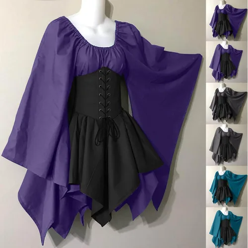 Vista 4 de JURANMO Vestido irlandés tradicional para mujer, disfraz medieval renacentista, manga acampanada, falda de corsé, vestido gótico victoriano