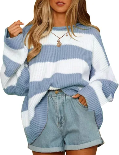 Vista 47 de ZESICA Suéter tejido sin botones de manga larga y cuello redondo, a rayas, bloques de color, cómodo, holgado, talla extragrande para mujer de 2024
