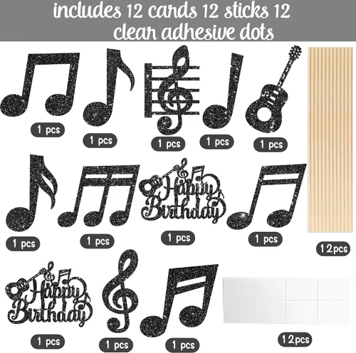 Vista 3 de Palillos de centro de mesa de notas musicales, 12 piezas de temática musical, decoración de cumpleaños, centros de mesa de fiesta musical, símbolos