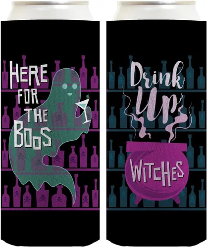Vista 10 de Decoración espeluznante de Halloween Bebe brujas aquí para los abucheos 2 caras Paquete de 2 termoenfriadores ultra delgados para latas
