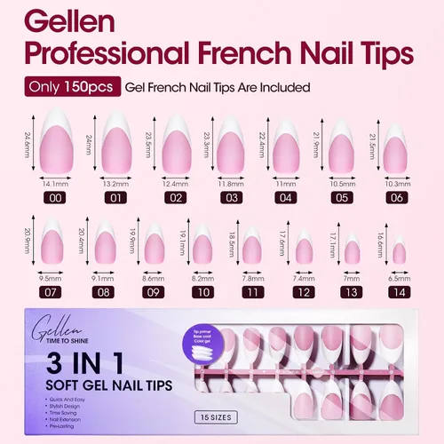 Vista 7 de Gellen Uñas postizas a presión con punta francesa de almendra, color rosa