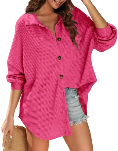 Vista 3 de DARKRANI Chaqueta de punto gofre para mujer, manga larga, casual, con botones, blusas elegantes