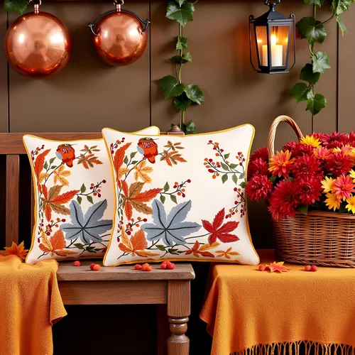 Vista 8 de Juego de 2 fundas de almohada bordadas de otoño de 16 x 16 pulgadas, diseño de pájaros vintage Hojas de arce, tela duradera, decoración bohemia