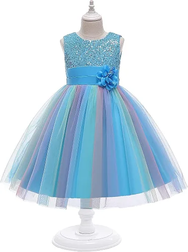 Vista 8 de Vestido de fiesta de lentejuelas para niñas de flores, vestido de fiesta de tul de tul de princesa, vestido de baile de graduación, Arco iris