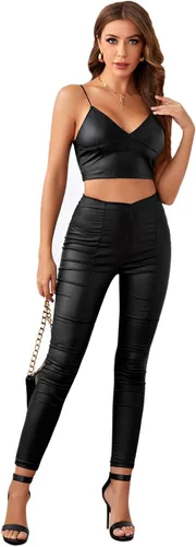 Vista 5 de MakeMeChic Camiseta corta sin mangas de piel sintética para mujer