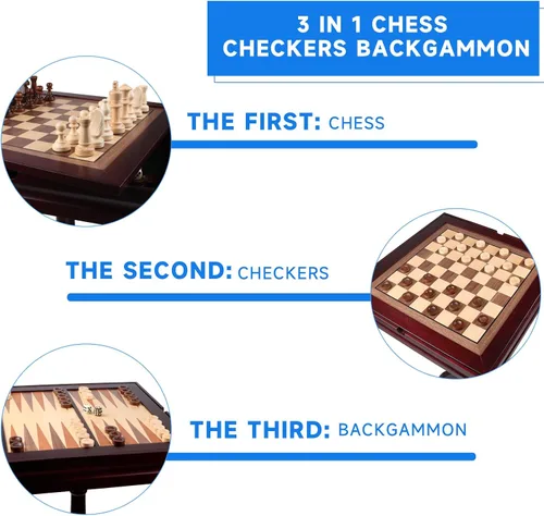 Vista 3 de GSE Juego de mesa de juego de backgammon de madera 3 en 1 con piezas de Caoba clásica