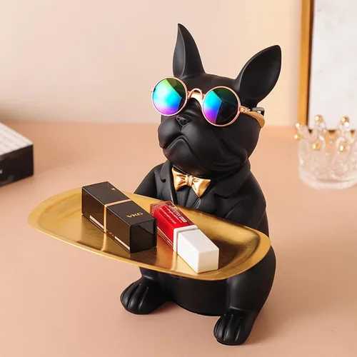 Vista 2 de Resin Bulldog Tray Statue Animal Sculpture Storage Bank Coin Dog French Table Home Candy for Decorations Home Decor Office Cute Butler Statues(Black)