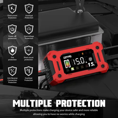 Vista 2 de COREBOX Cargador de batería de 15 amperios y 12 V, cargador automático inteligente de batería, desulfatador de mantenimiento de batería