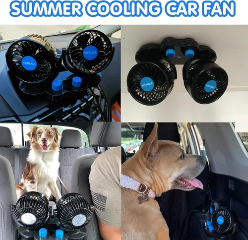 Vista 3 de Yerloa Ventilador de coche eléctrico de 12 V, ventilador portátil para automóvil, doble cabeza, rotación de 360 grados, ventilador de aire